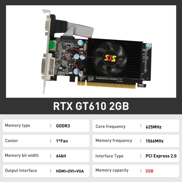 Side angle of GeForce GT610 PCI-E 2.0 graphics card