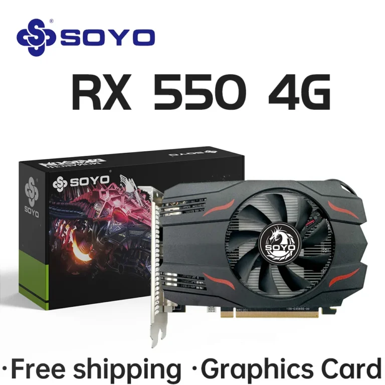 Side view of SOYO AMD Radeon RX550 4GB GPU with single fan cooler