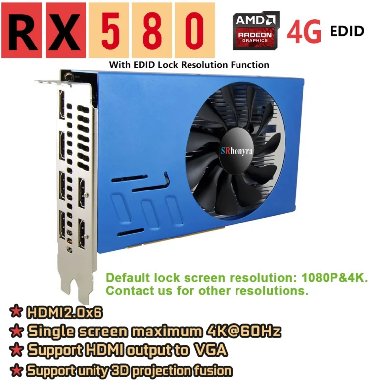 SRhonyra AMD RX580 multi-monitor GPU angled view showing fan and ports