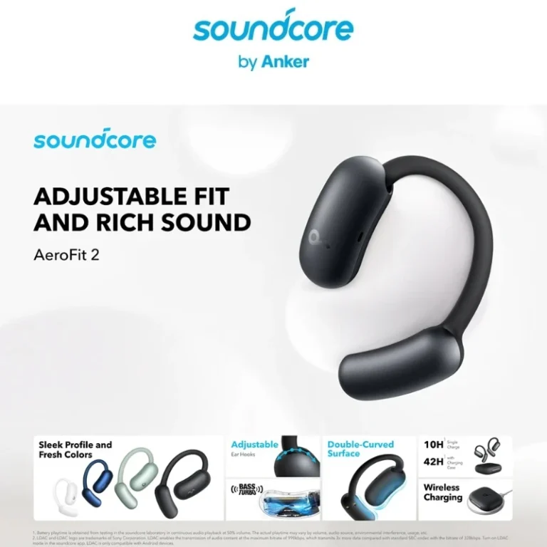 Soundcore AeroFit 2 earphones with charging case open