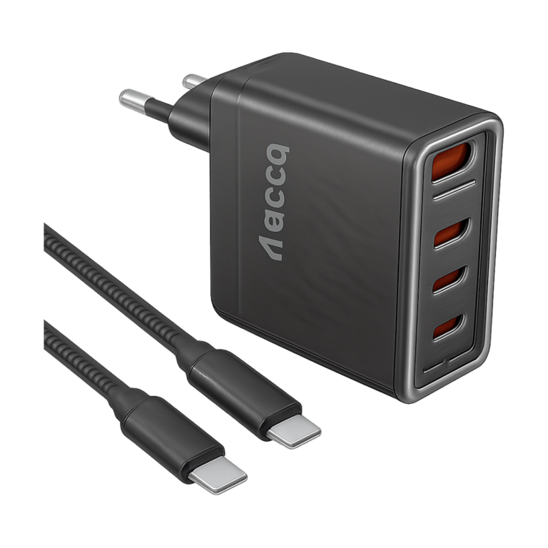 Toocki 140W GaN fast charger angled front view with USB-C and USB-A ports