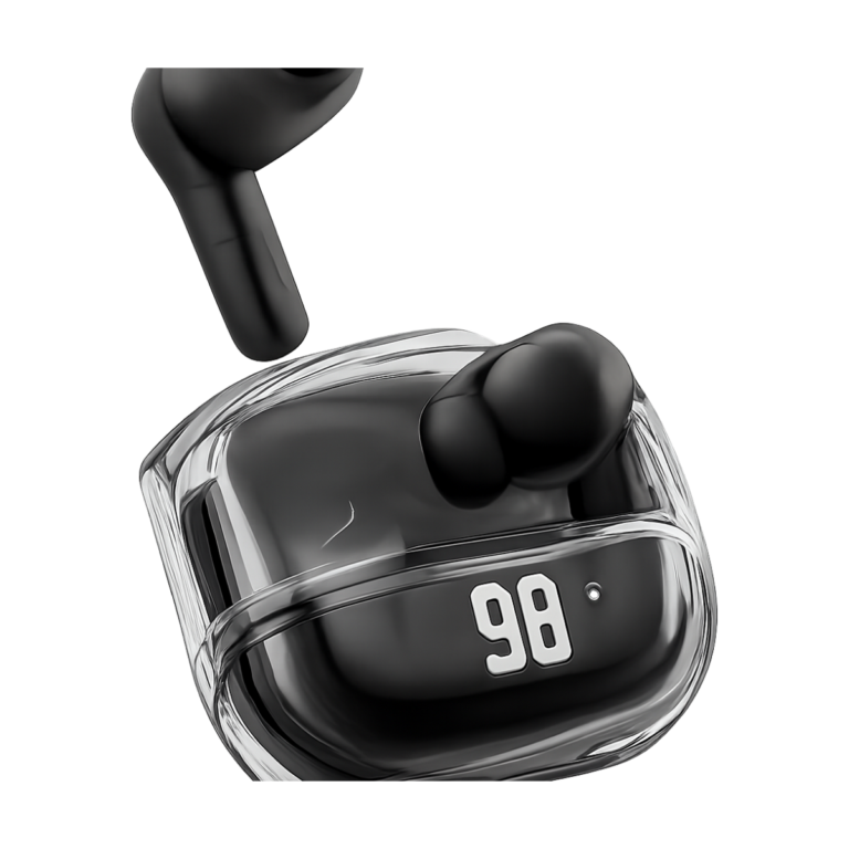 Transparent wireless earbuds with LED display and mini charging case