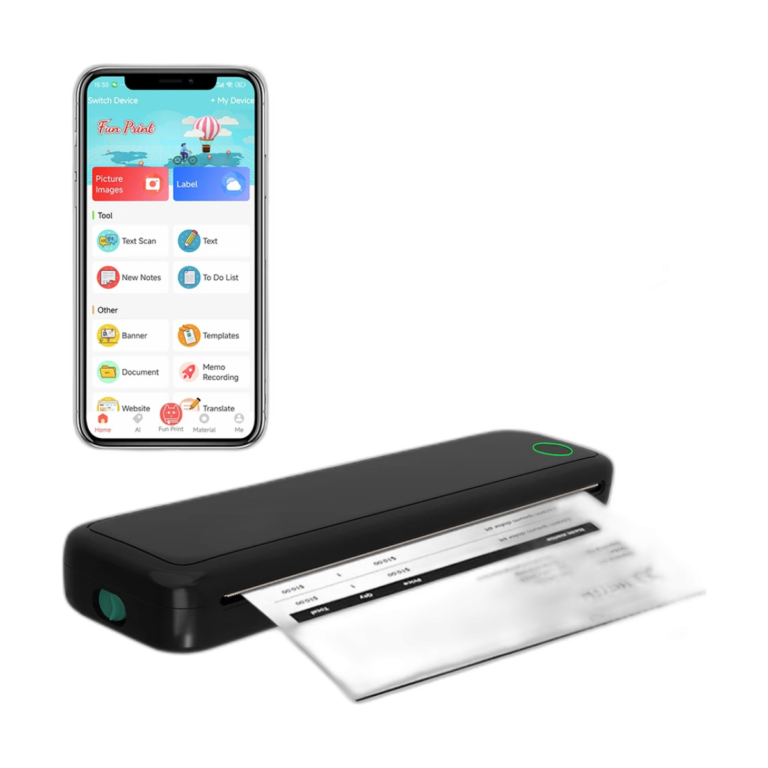 White portable A4 thermal printer with paper roll and charging cable