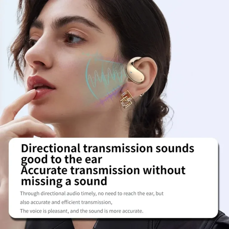 Close-up of AI translation earbuds showing semi-open earcups