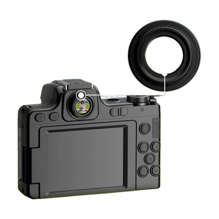 Front view of 68MP digital camera with flip screen and viewfinder knob