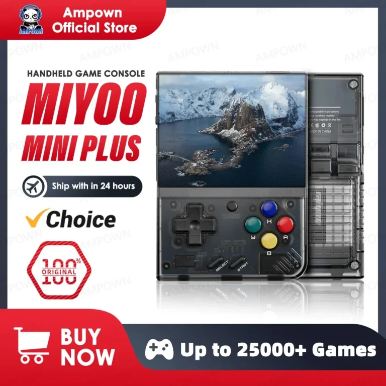 MIYOO Mini Plus retro handheld game console front view in grey