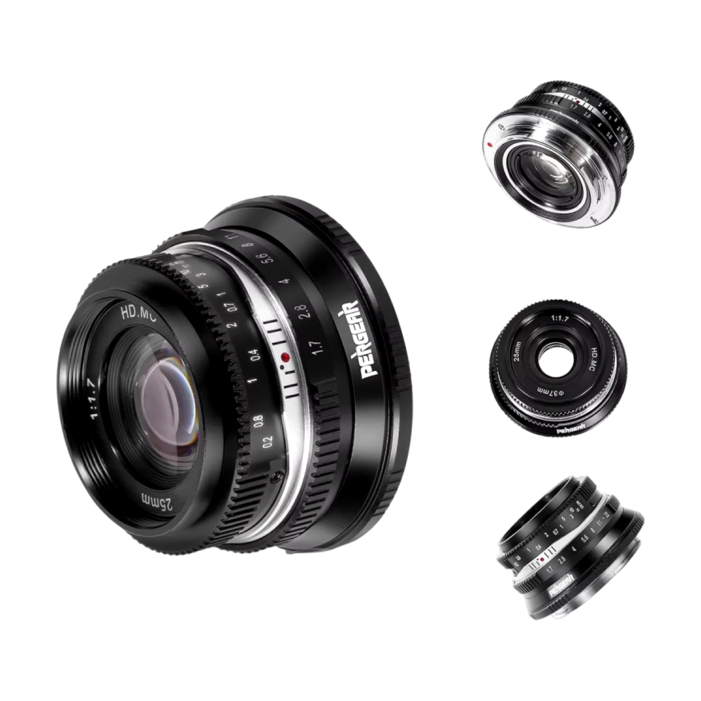 Pergear 25mm F1.7 manual prime lens front view