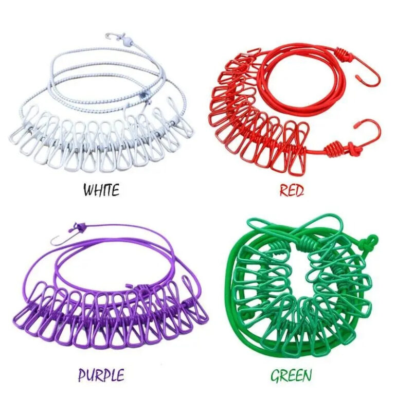 Portable retractable drying rope with clips and hooks displayed