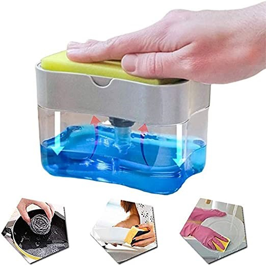 Soap pump dispenser with sponge holder on kitchen sink