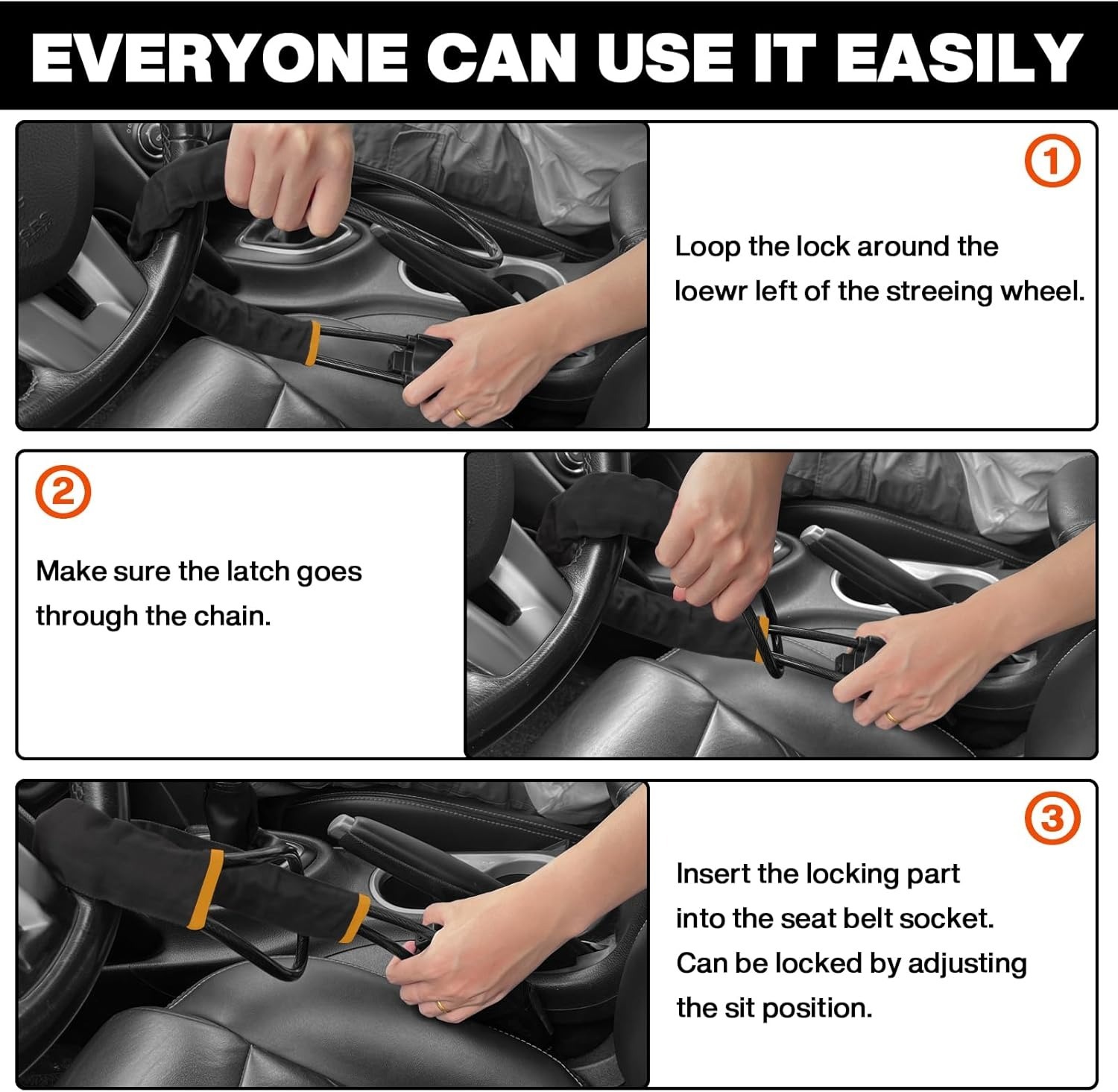 024b735fc56b469b0b6cb76b815f73f6.jpg Car Steering Lock with Seat Belt Buckles Anti Theft Protection Device with three keys - Image 1