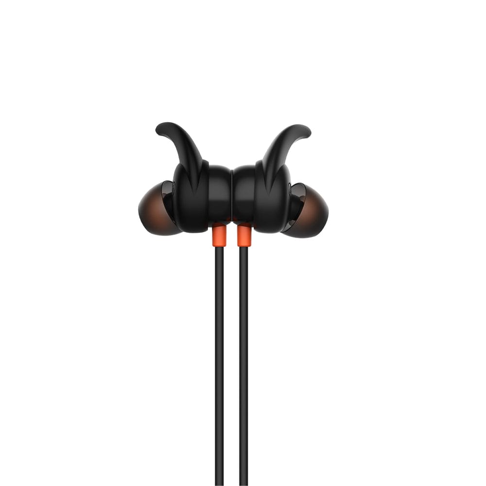 03db78e37d4bb5e9b8877afd9cda480d.jpeg Itel Wireless Neckband black front view with earbuds