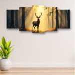 5-Piece Wooden Wall Frame – Deer in Forest Sunset Design | 16x40 Inch with Sticky Tiles