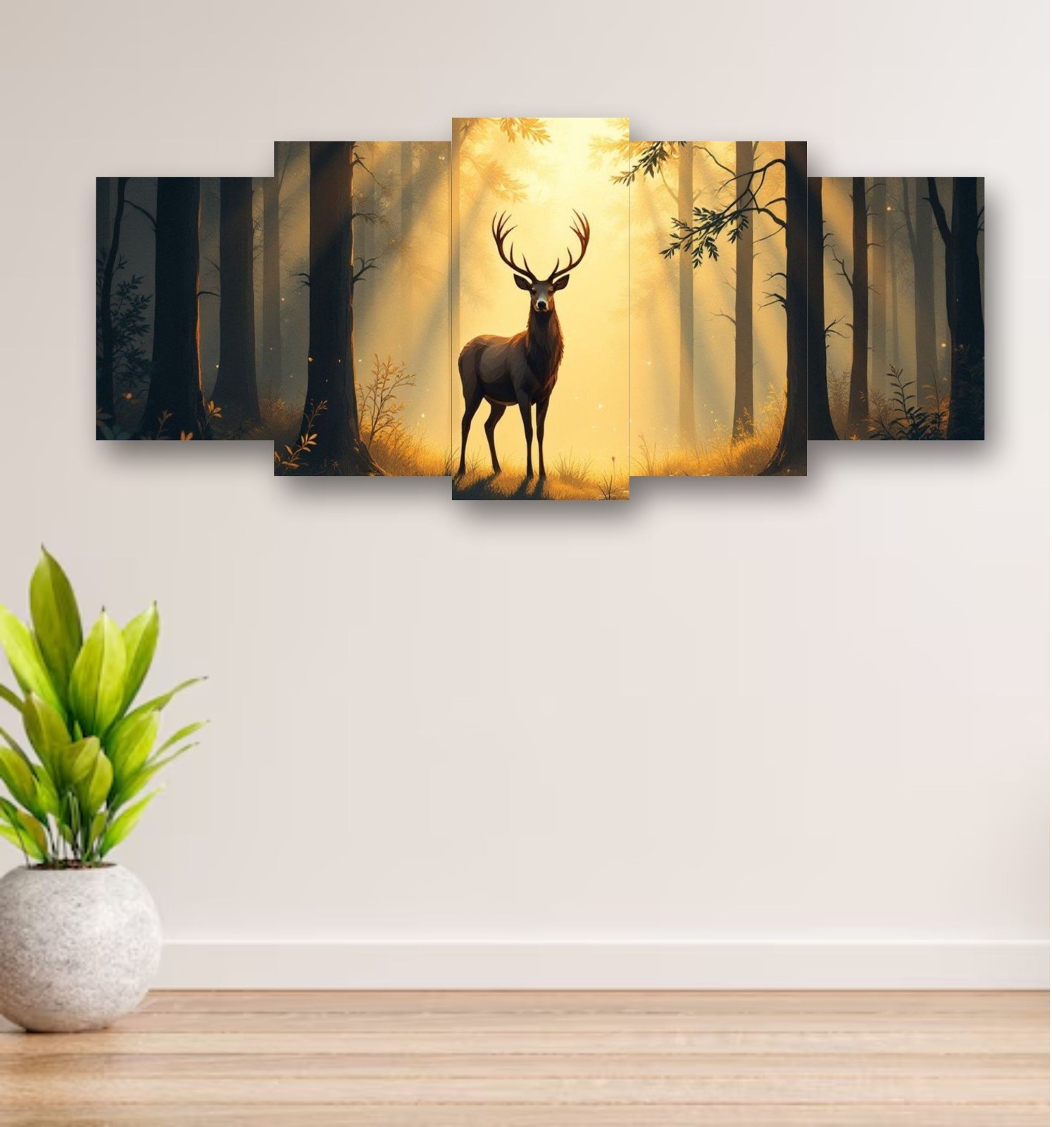 0589c4c19f59a8b31d2acd6a5f68c4ed.jpg 5-piece wooden wall frame featuring deer in forest sunset design