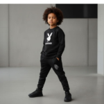 Kids PLAYBOY Printed Stylish Black & Black Tracksuit Set | Winter Fleece Sweatshirt & Trouser Outfit for Boys & Girls – Warm & Trendy FOR BABY AND KIDS