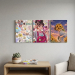 Cute Aesthetic Anime Girl & Sunflower Wooden Wall Art | 3-Piece Kawaii Room Decor Set | Sticky Tiles | 8x11 Inch