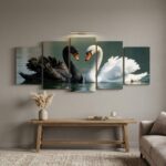 5-Piece Black and White Swan Wall Art Set – 40x16 Inch Wooden Sticky Tiles Ready in Size