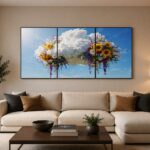 Set of 3 Surreal Cloud and Sunflower Sky Scenery Wooden Sticky Wall Tiles for Modern Living Room Office and Bedroom Home Decor Ready Size 24x11 Inches Each