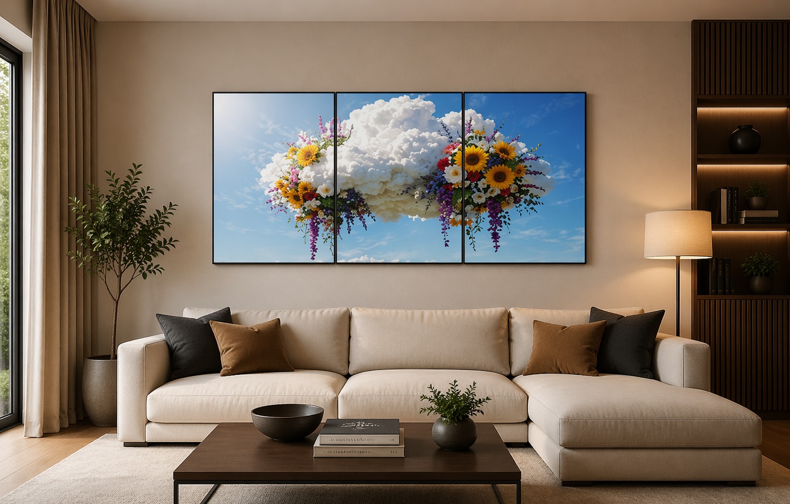 06dbbce1e4f3a1fe52e2c8719715f985.jpeg Set of 3 Surreal Cloud and Sunflower Sky Scenery Wooden Sticky Wall Tiles for Modern Living Room Office and Bedroom Home Decor Ready Size 24x11 Inches Each - Image 1