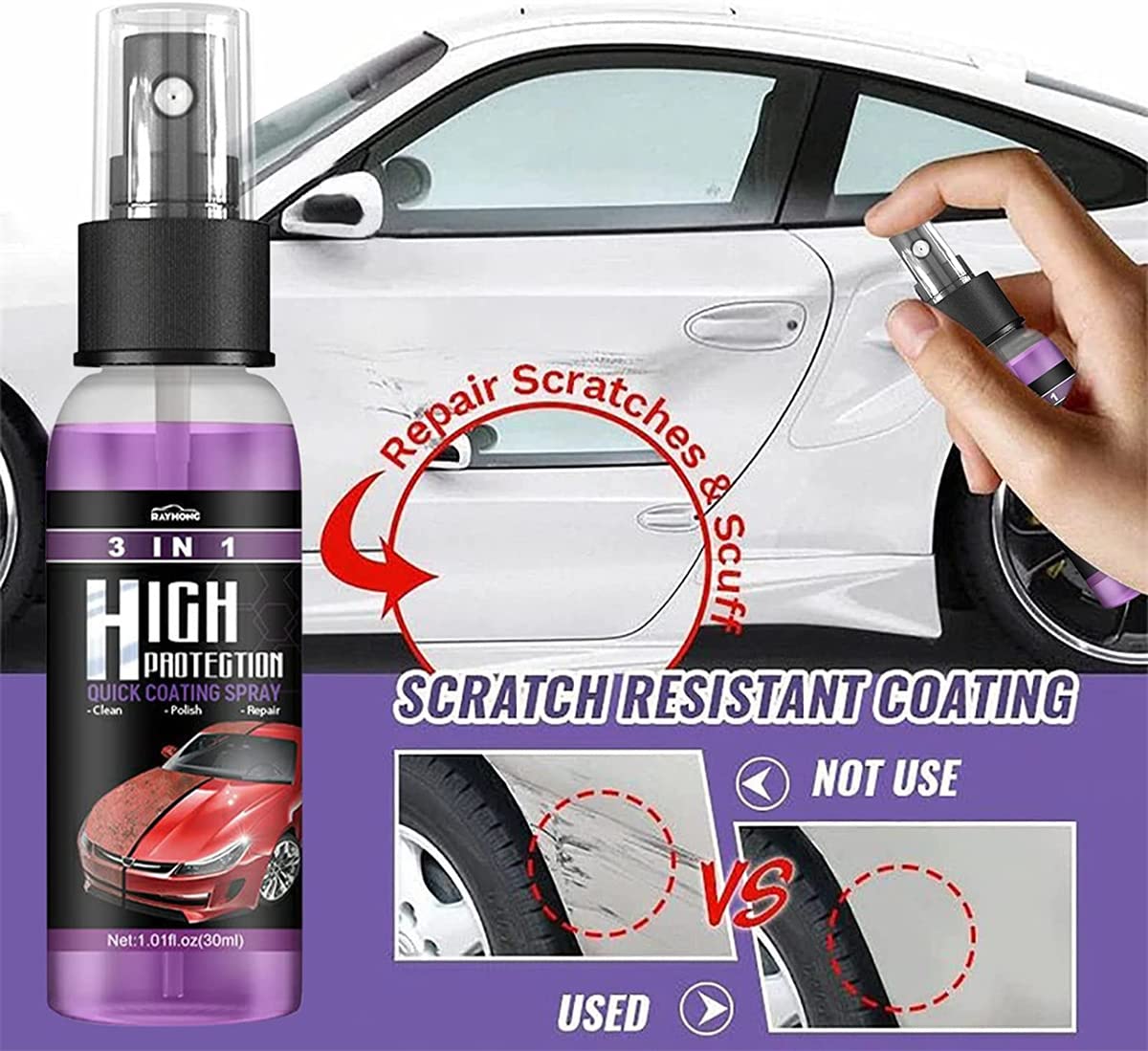0b1df255a02e8f83b42a6d30dceff8bf.jpg Rayhong 3-in-1 High Protection Quick Coating Spray - Ceramic Waterless Wash, Polish & Paint Sealant - Scratch Repair & Scuff Remover (30ml) - Image 1