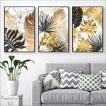 3pcs Black And Gold Leafs Design Stickytiles Frame Providing Elegant Artistic Pattern Stylish Look
