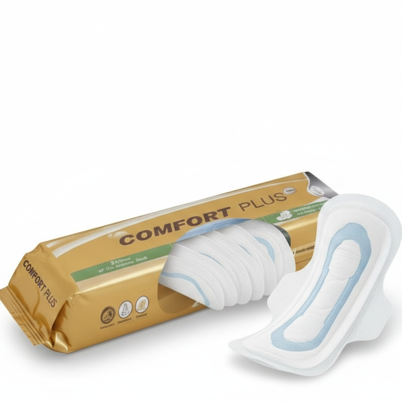 0d839c45440439c9e44b12c0d6a456be.png Comfort Plus ultra-soft sanitary pad top view showing cotton-touch surface