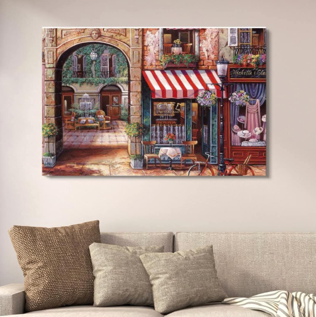 0fd18d1ba0bca6fe07458c3d9a7ed599.jpeg Romantic European Café Wall Art Canvas | Vibrant Street Scene Painting for Home Decor | Large Landscape Wall Decor - 12x16 Inches - Image 1