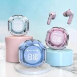 Air 39 transparent Bluetooth earbuds front view with charging case