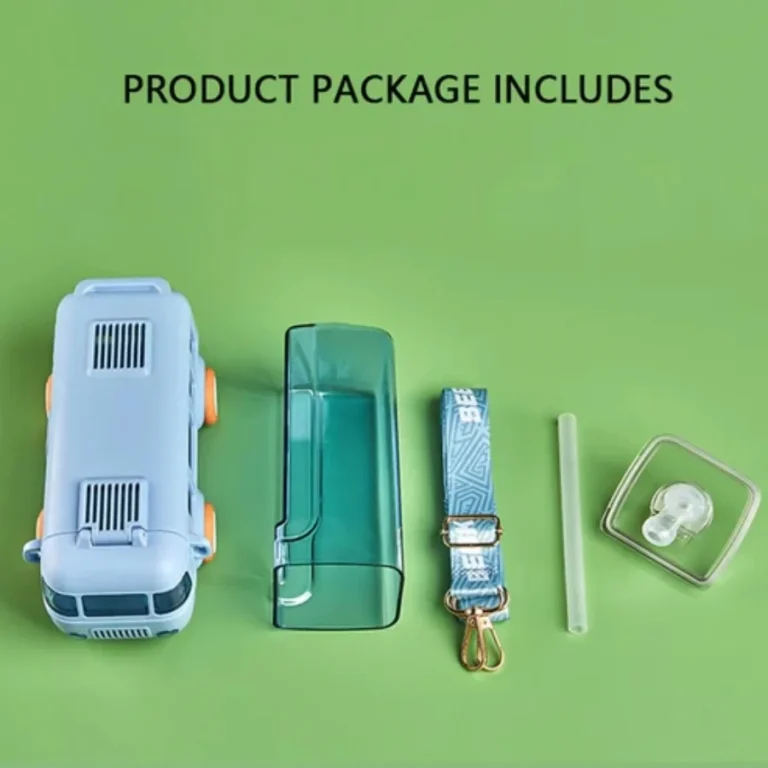 Front view of 500ml bus shape school water bottle with strap