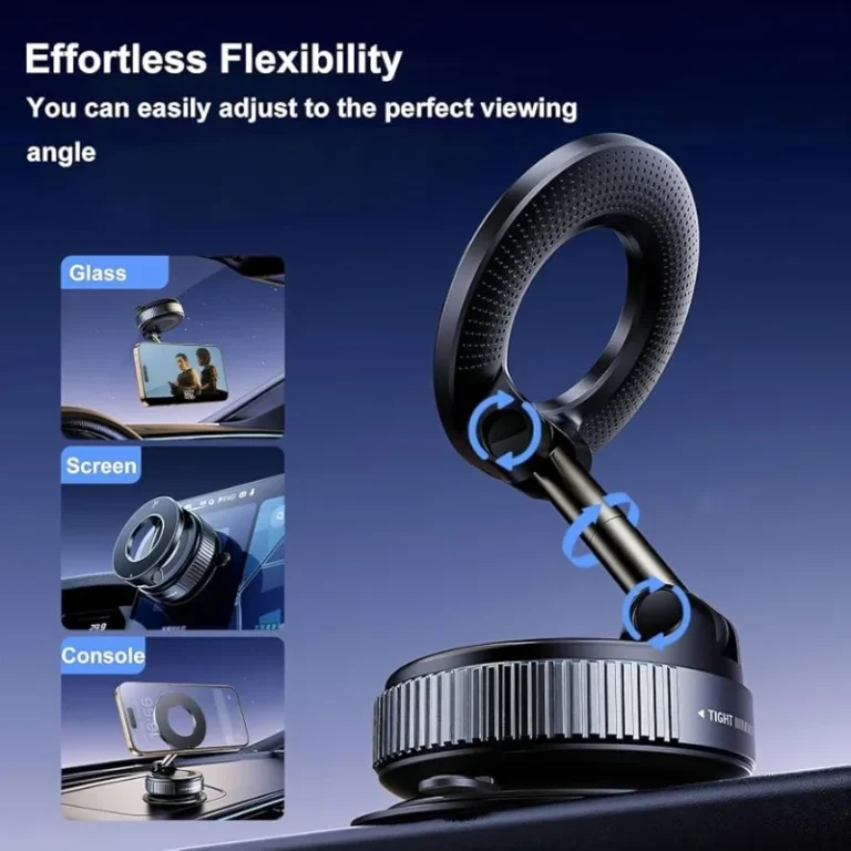 Foldable magnetic car phone holder mounted on car dashboard