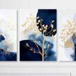 3-Piece Modern Wall Art Set 8x11 Inch Wooden Sticky Frames Blue Gold Abstract Canvas Wall Decor with Easy Mount Tape