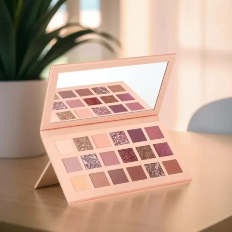 Top view of 18-color nude eyeshadow palette with matte and shimmer shades