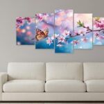 Butterfly on Pink Cherry Blossom Branches | 5 Frames Wall Décor | 16x40 inch | Wooden Sticky Tiles | Tape Included