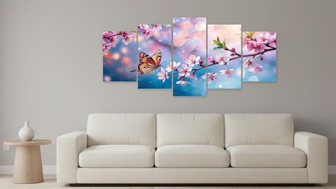 13c0d28662a6ff3ba39e21b06f1338c1.jpeg Butterfly on pink cherry blossom branches 5-frame wooden wall décor set