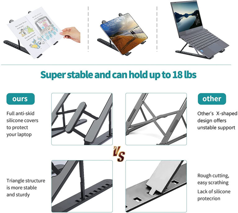 Foldable portable plastic laptop stand in white angled view