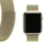 Soft Gold Milanese loop strap on Apple Watch showing stainless steel mesh
