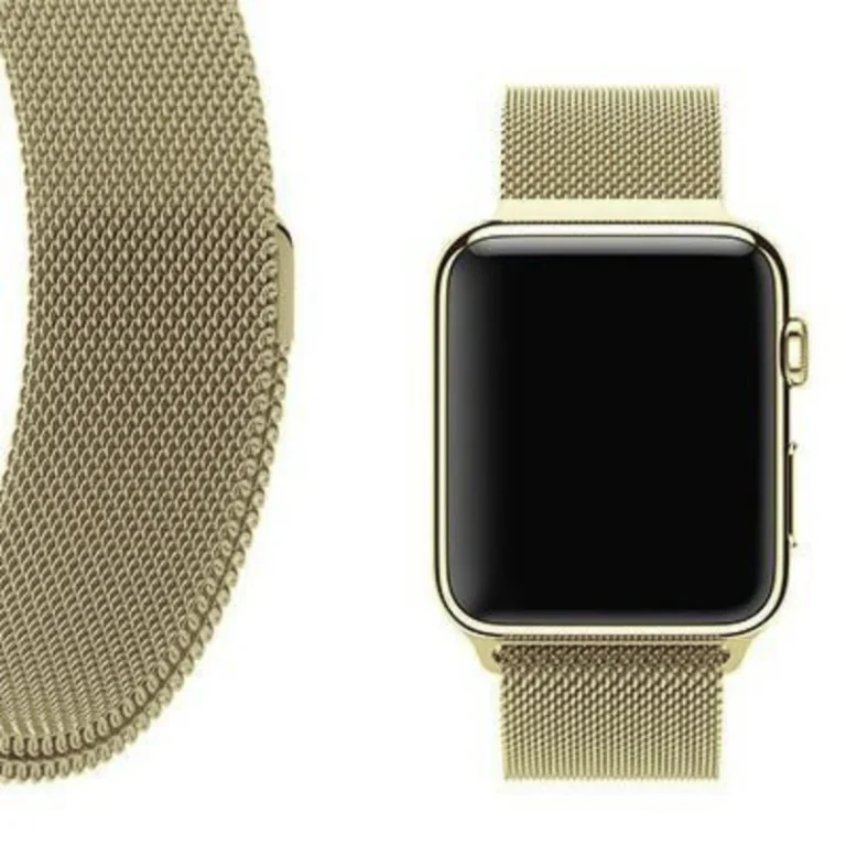 Soft Gold Milanese loop strap on Apple Watch showing stainless steel mesh