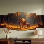 5-Piece Tiger & Cub Wildlife Wall Art – Wooden Sticky Tiles Canvas Painting - Ready in Size