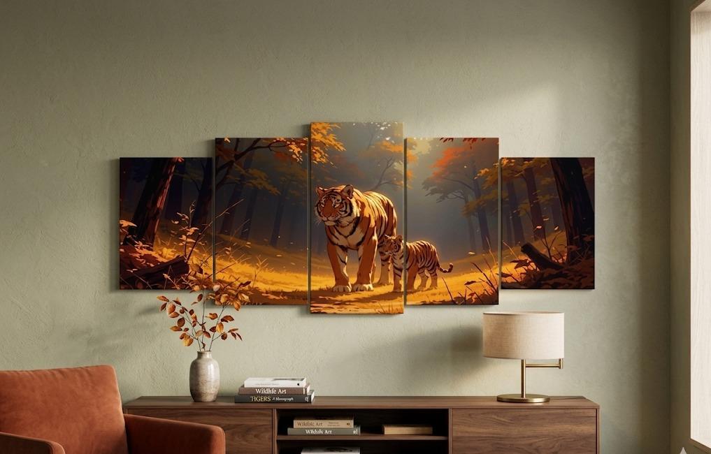 18b1984f65e7c479755e67c34d8674b4.jpeg 5-piece tiger and cub wildlife wall art on wooden sticky tiles in autumn forest