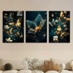 Butterfly Floral Wall Art – 3-Piece 8x11” Wooden Sticky Tile Panels with Adhesive Tape for Easy Mounting