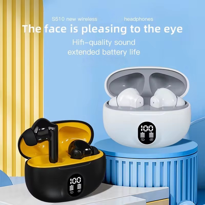Stereo 895B wireless Bluetooth earbuds front view with LED display