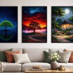Three wooden sticky tile wall frames 8x11 inch arranged on wall