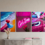 Girl Boss & Aesthetic Pink Neon Wooden Wall Art | 3-Pc Vibrant Trendy Room Decor Set | 8x11 Inch