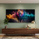 3-Piece Roaring Lion Colorful Smoke Wall Art – Wooden Sticky Tiles Canvas Painting 24x11 inch ready size