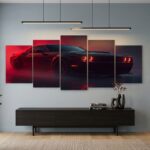 5‑Frames Dodge Challenger Red & Black Sports Car Wall Art – 40x16 Inch Wooden Sticky Tile Set