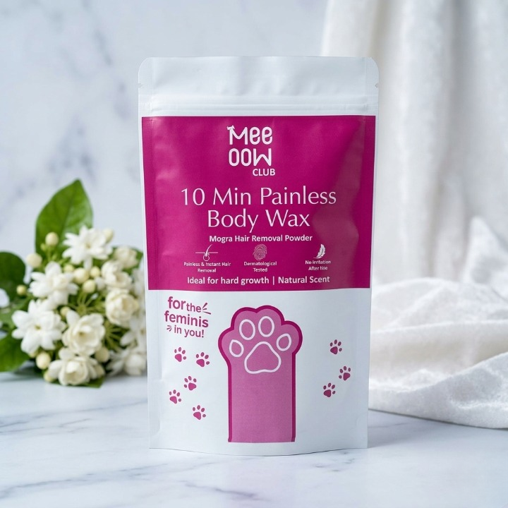 26ea4bea5c9cb08355a5aaaed0b5a4ef.png Meeoow Club 10 Min Painless Body Wax Powder – Mogra Scented Herbal Hair Removal Powder (100g) - Image 1