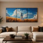 Set of 3 Studio Ghibli Style Anime Girl in Golden Wheat Field Wooden Sticky Wall Art Tiles for Modern Living Room and Bedroom Decor Ready Size 24x11 Inches Each