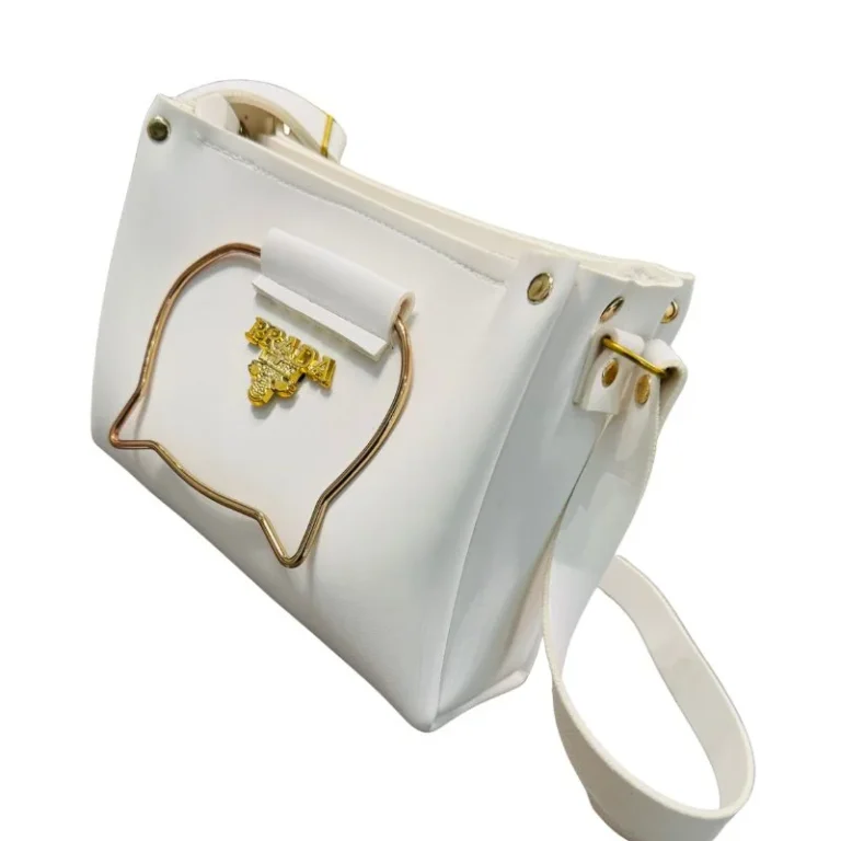 white handbag with metallic cat-shaped handle front view