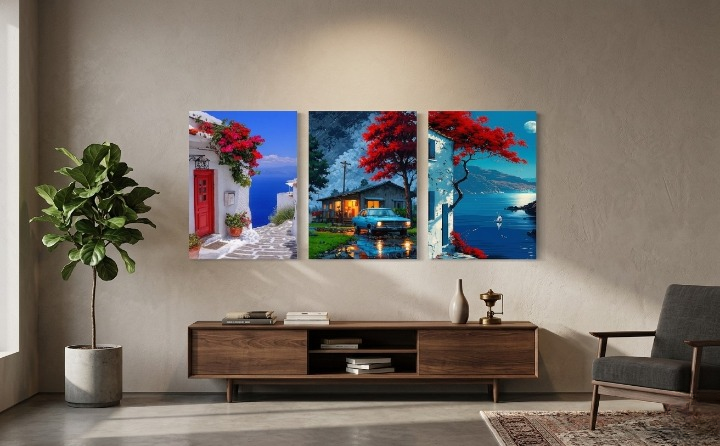 35b1f218fb8445fbbf0fc05c1e664201.png Scenic Nature and Landscape Wooden Wall Art Frame | 3-Piece Wooden Sticky Tiles Set | Vibrant Home and Office Wall Gallery | Size 8x11 Inch Per Frame - Image 1