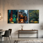 Vintage Urban and Classic Car Wooden Wall Art Frame Set | 3-Piece Retro Cityscape Sticky Tiles for Home and Office Gallery | Size 8x11 Inch Per Frame