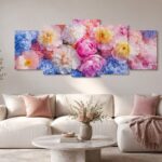 5-Piece Floral Bouquet Wall Art – Pink & Blue Peonies Wooden Sticky Tiles (40x16 Inch Ready Size)